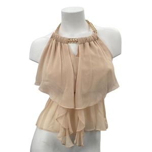 A Peach Sz S Halter Top Gold Chain Layer Chiffon Low Back Sexy Elegance NWT